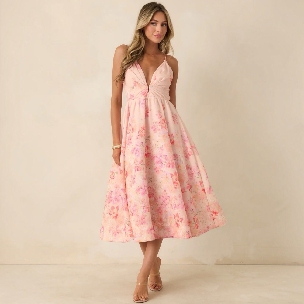 ASTR THE LABEL JANNA PINK FLORAL PLUNGE MIDI DRESS SZ L NWT